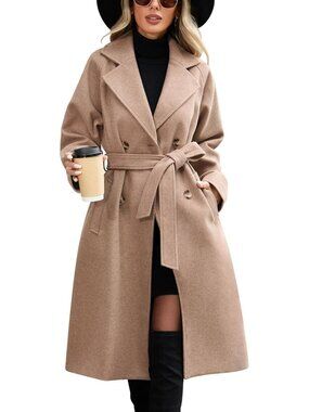 Women's Khaki Polyester Mid length Autumn Elegant Double Breasted Long Pea Coat